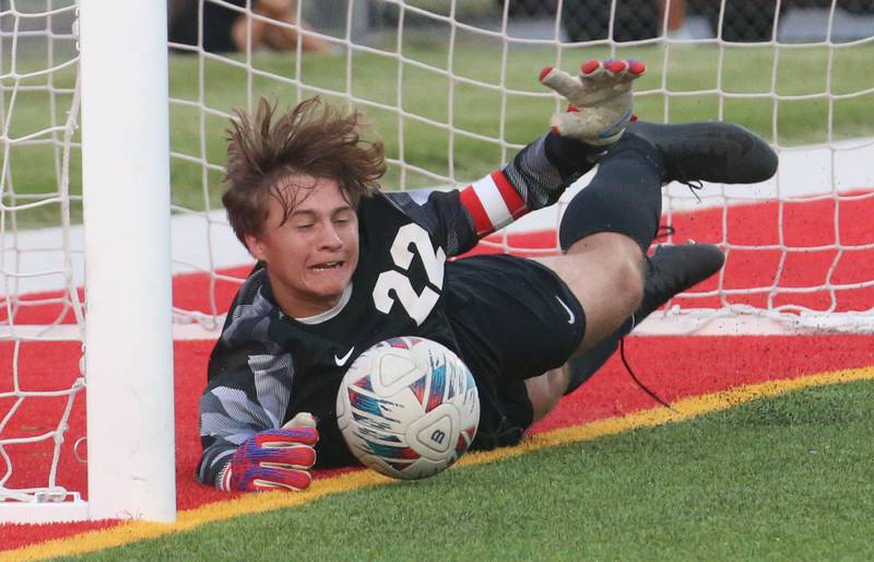 Ottawa keeper Connor Diederich blocks a penalty kick from L-P's Adan Pantoja on Wednesday, Sept. 18, 2024 at the L-P Athletic Complex in La Salle.