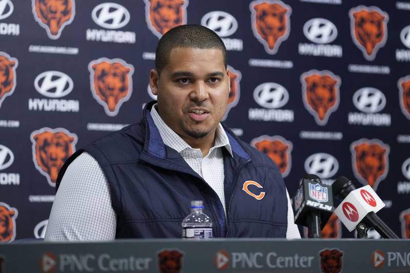 Chicago Bears general manager Ryan Poles speaks during a 2023 news conference at Halas Hall in Lake Forest.