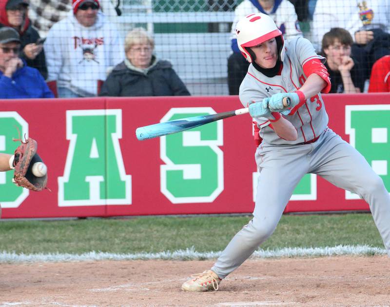 Ottawa's Jaxon Cooper watches strike three while facing L-P at Huby Sarver Field inside the L-P Athletic Complex on Tuesday, April 23, 2024 in La Salle.