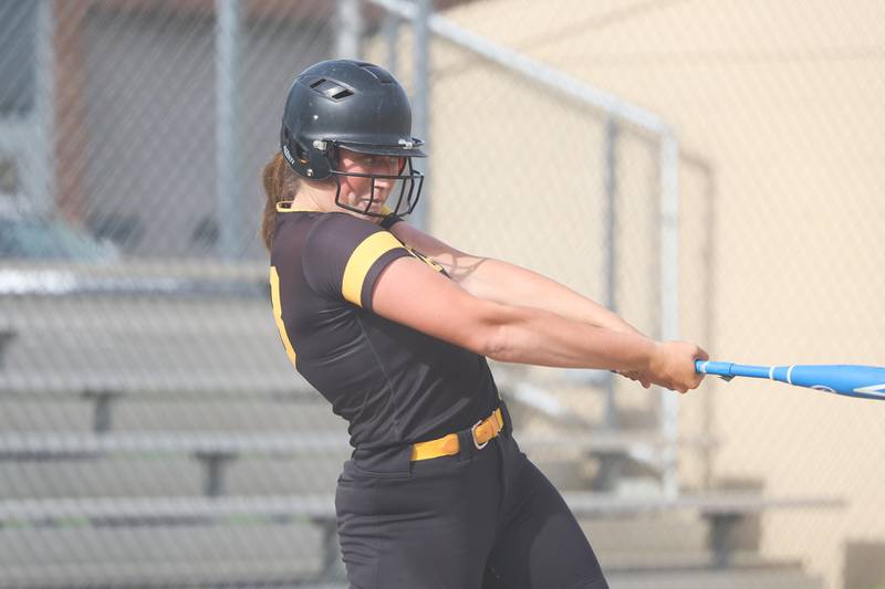 Joliet West’s Brooke Schwall connects for a 4 run blast in the first inning against Joliet Central on Monday, May 15, 2023 in Joliet.