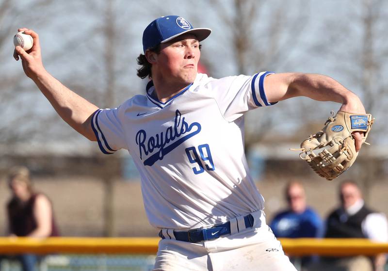 Hinckley-Big Rock’s Martin Ledbetter delivers a pitch Monday, April 8, 2024, during their game against Newark at Hinckley-Big Rock High School.