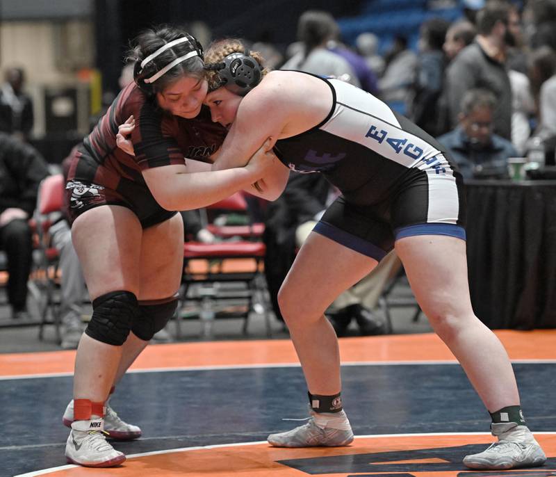 Lakes’ Josephine Larson wrestles Zion-Benton’s Ileen Castrojen in the 190-pound bout at the girls wrestling state finals at Grossinger Motor Arena in Bloomington on Saturday, Feb. 24, 2024.
