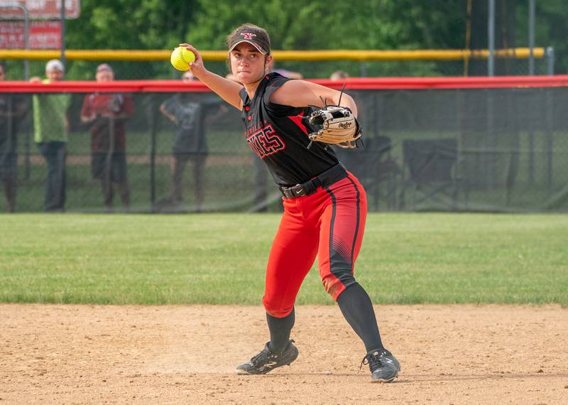 Yorkville's Ellie Alvarez (13) fields a grounder and throws to first for an out against West Aurora during the Class 4A Yorkville Sectional semifinal at Yorkville High School on Tuesday, May 31, 2022.