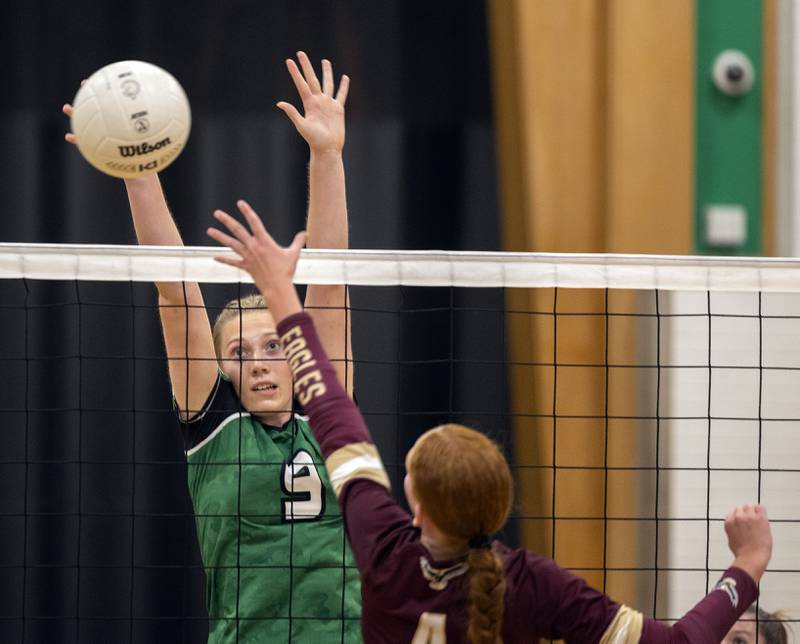 Rock Falls’ Kayla Hackbarth blocks a shot against Dunlap’s Tessa Arnott Thursday, Aug. 29, 2024, at Rock Falls High School.