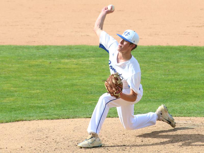 Newman's Joe Oswalt lets go of a pitch to Maroa-Forsyth during the Class 2A semifinal game on Friday, May 31, 2024 at Dozer Park in Peoria.