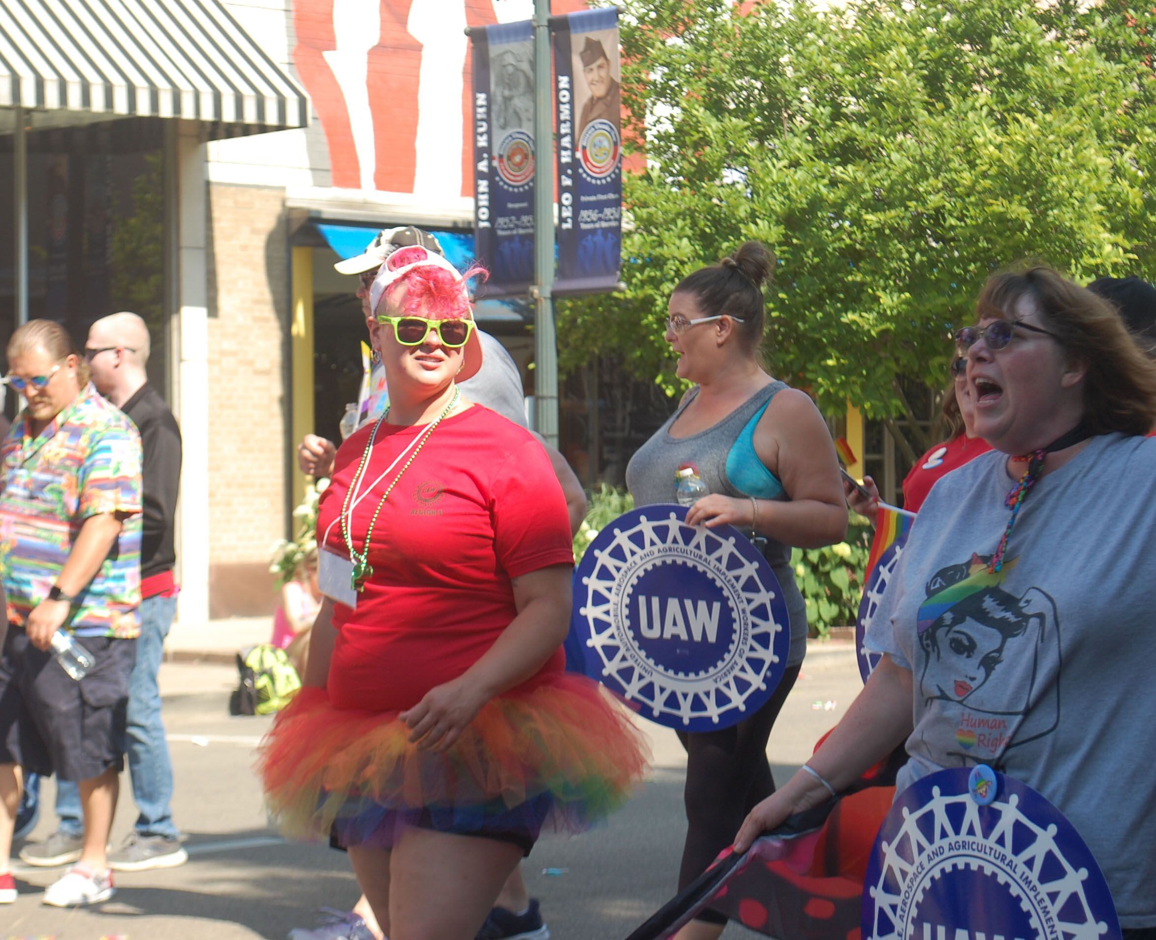 UAW members chant supportive messages during the inaugural John Fisher Dann Memorial Pride Parade in downtown Ottawa on Saturday, June 10, 2023. The parade was a new addition to this year's Ottawa Family Pride Festival.