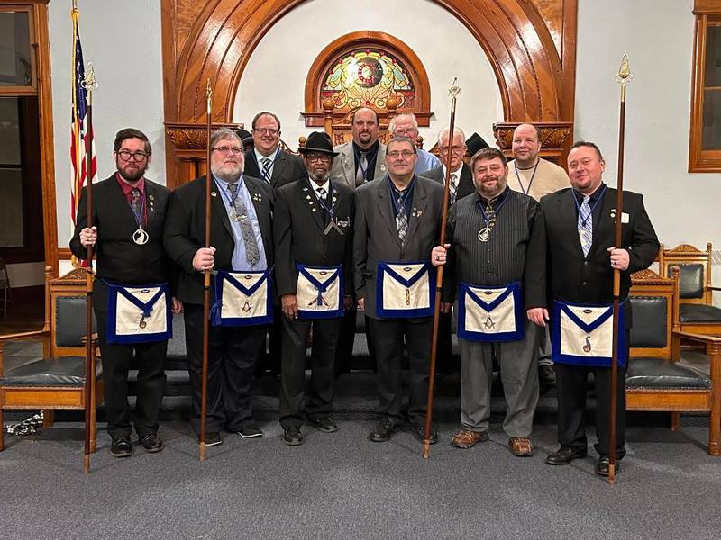The St. John’s Lodge No. 13 Ancient Free and Accepted Masons of Peru held its 183rd annual installation of officers, during an open ceremony on Jan. 18, 2024, at the Peru Masonic Center. Pictured are (front, from left) Alexander J. Zarka, junior steward; Jeffrey L. Glade, junior deacon; Benny L. Nooks, worshipful master; Eric M. Lynch, junior warden; Raymond W. Miller Sr., senior deacon; Scott E. Heyob, senior steward; (back) Lucas W. Matson, treasurer; Eric T. Mrowicki, marshal; Larry E. Lawson, secretary; Gary E. Olson, tyler; and Phillip M. Sterba Jr., chaplain. Not pictured was Stephen J. Brown, senior warden.