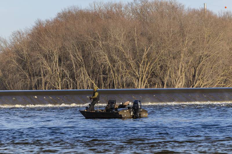 A lone fisherman tries his luck below the dam on Dixon Monday, Feb. 12, 2024. Mild weather made for a nice day to get outside.