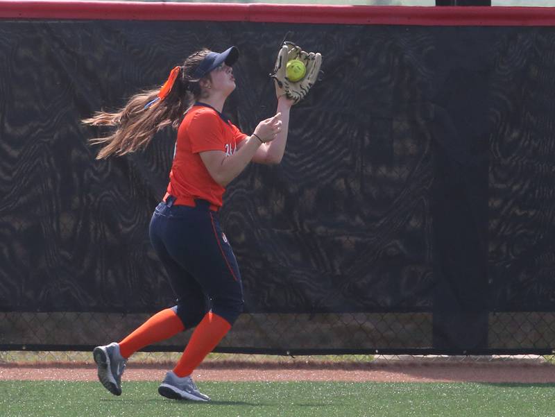 Oak Park-River Forest centerfielder Anne Stine makes a running catch during the Class 4A State semifinal softball game on Friday, June 9, 2023 at the Louisville Slugger Sports Complex in Peoria.