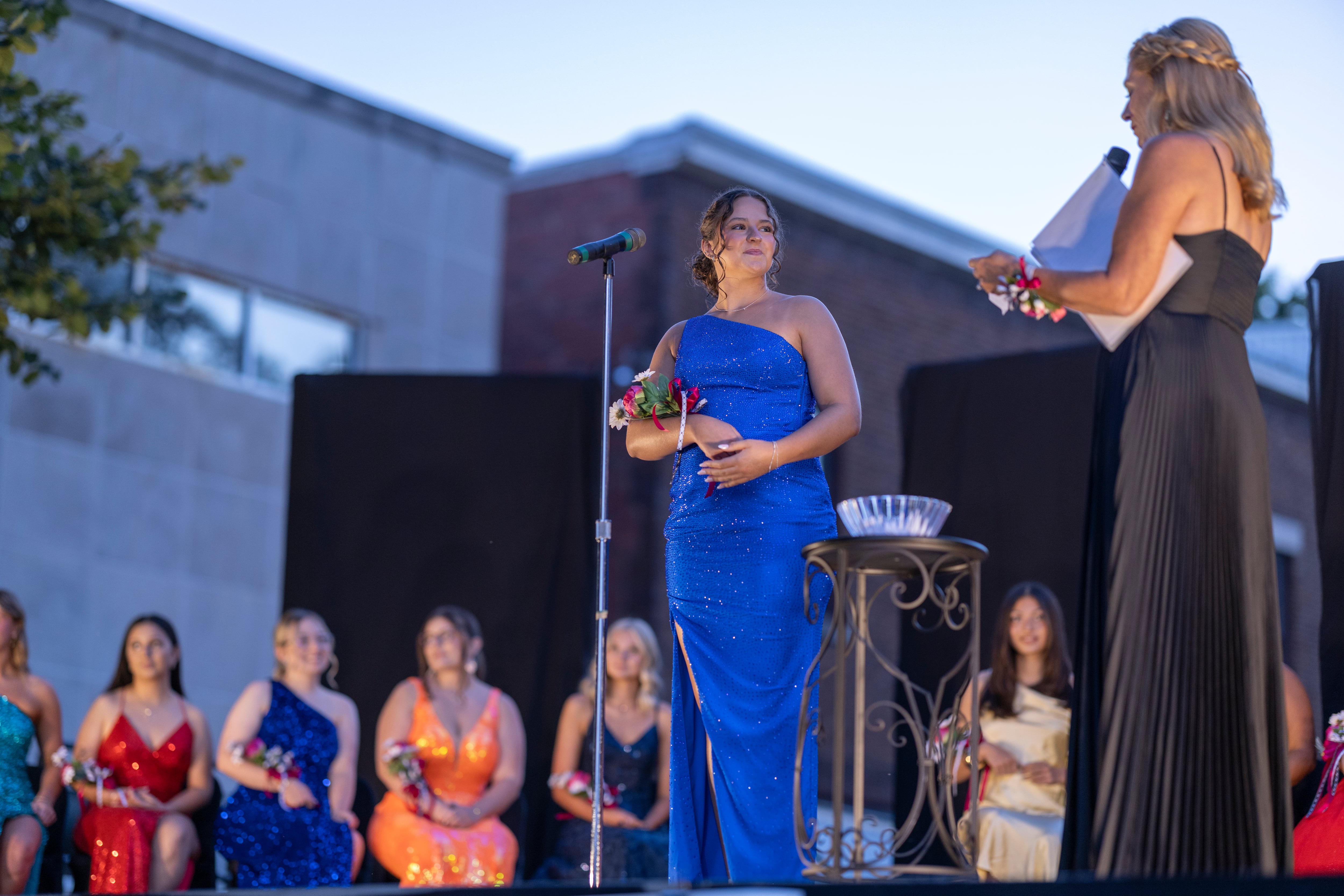 Mendota Sweet Corn Festival contestant Madelyn Becker is asked a question by host Jan Phalen during the pageant on August 9, 2024.