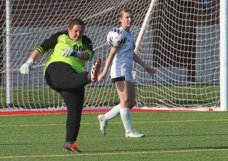 L-P's keeper Lily Higgins kicks the ball out of the box as teammate Nica Hein watches from behind during the Class 2A Regional semifinal game on Wednesday, May 15, 2024 at the L-P Athletic Complex in La Salle.