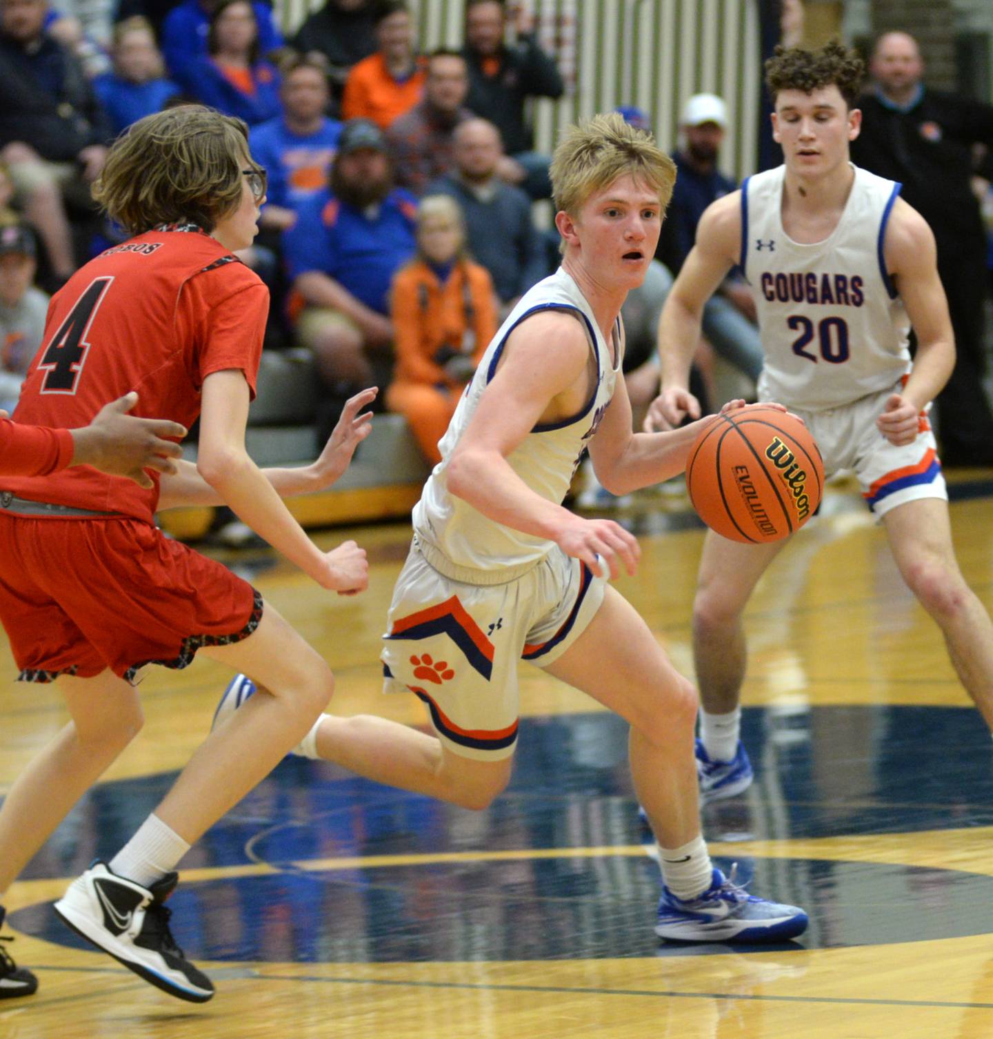 Eastland's Adam Awender (12) runs the offense against South Beloit on Tuesday, Feb. 27, 2024 at the 1A River Ridge Sectional in Hanover.