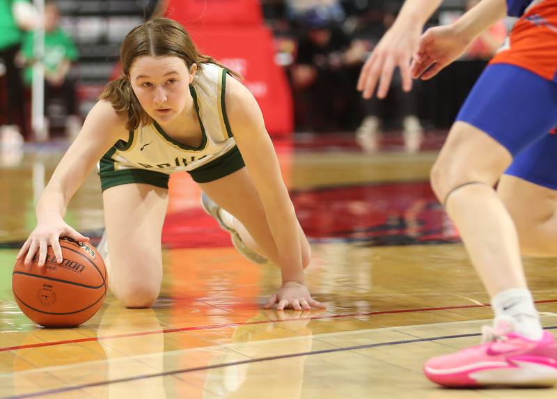 St. Bede's Lili McClain secures a loose ball against Okawville during the Class 1A State semifinal game on Thursday, Feb. 29, 2024 at CEFCU Arena in Normal.