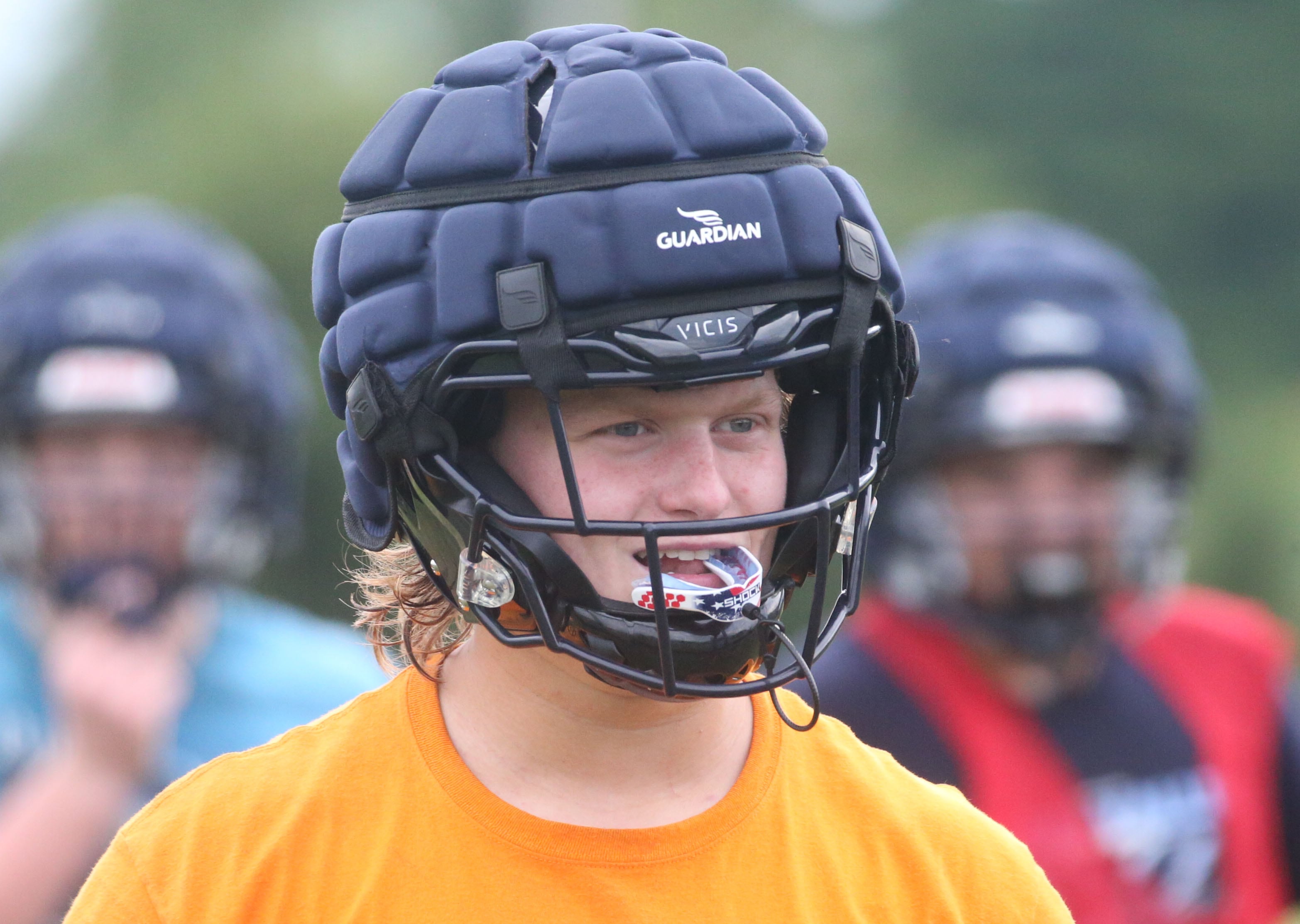 Bureau Valley's Elijah Endress chews on his mouth guard during the first day of football practice on Monday, Aug. 12, 2024 at Ken Bourquin Field in Manlius.