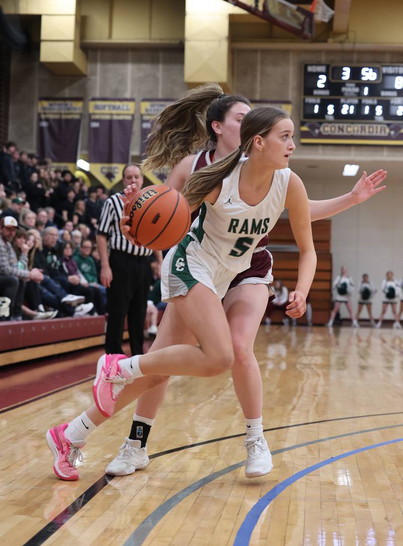 Grayslake Central’s Katelyn Marcela (5) drives to the basket against Montini Catholic during the girls Class 3A Concordia University Supersectional basketball game on Monday, Feb. 26, 2024 in River Forest, IL.