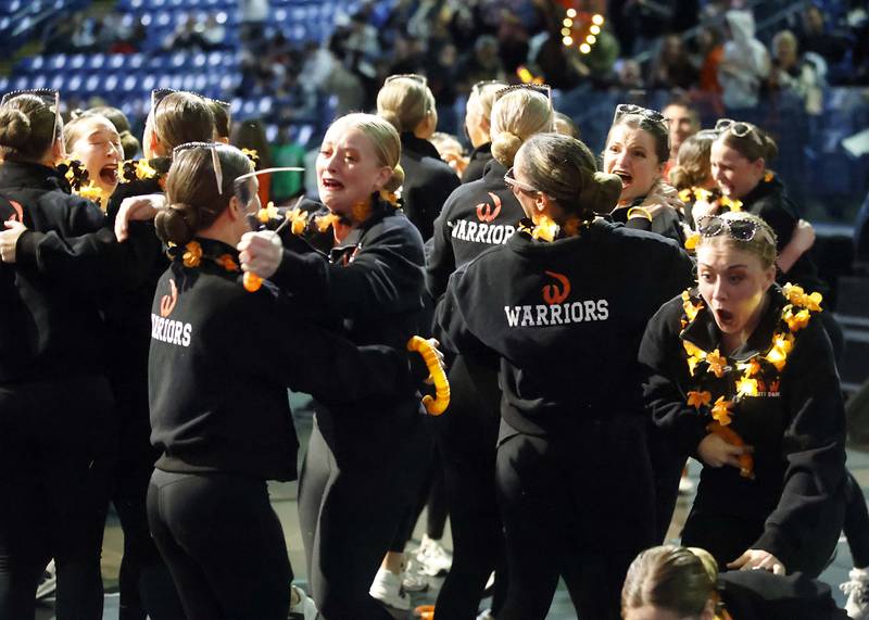Lincoln-Way West reacts after taking second in the IHSA 2A  Competitive Dance State Finals Saturday, Jan. 27, 2024 at Grossinger Motors Arena in Bloomington.