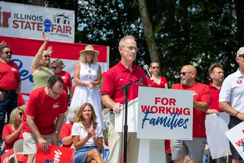 Illinois Republican Party Chairman Don Tracy rallies the party faithful at the 2023 Illinois State Fair. Less than a year later, Tracy announced his resignation, citing party infighting.