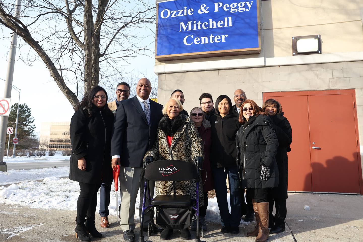 The Joliet Township board and members of the Mitchell pose for a photo outside the Ozzie & Peggy Mitchell Center, formerly the Peter Claver Center, Joliet Township's new violence prevention program on Wednesday, Jan. 17th, 2024 in Joliet.