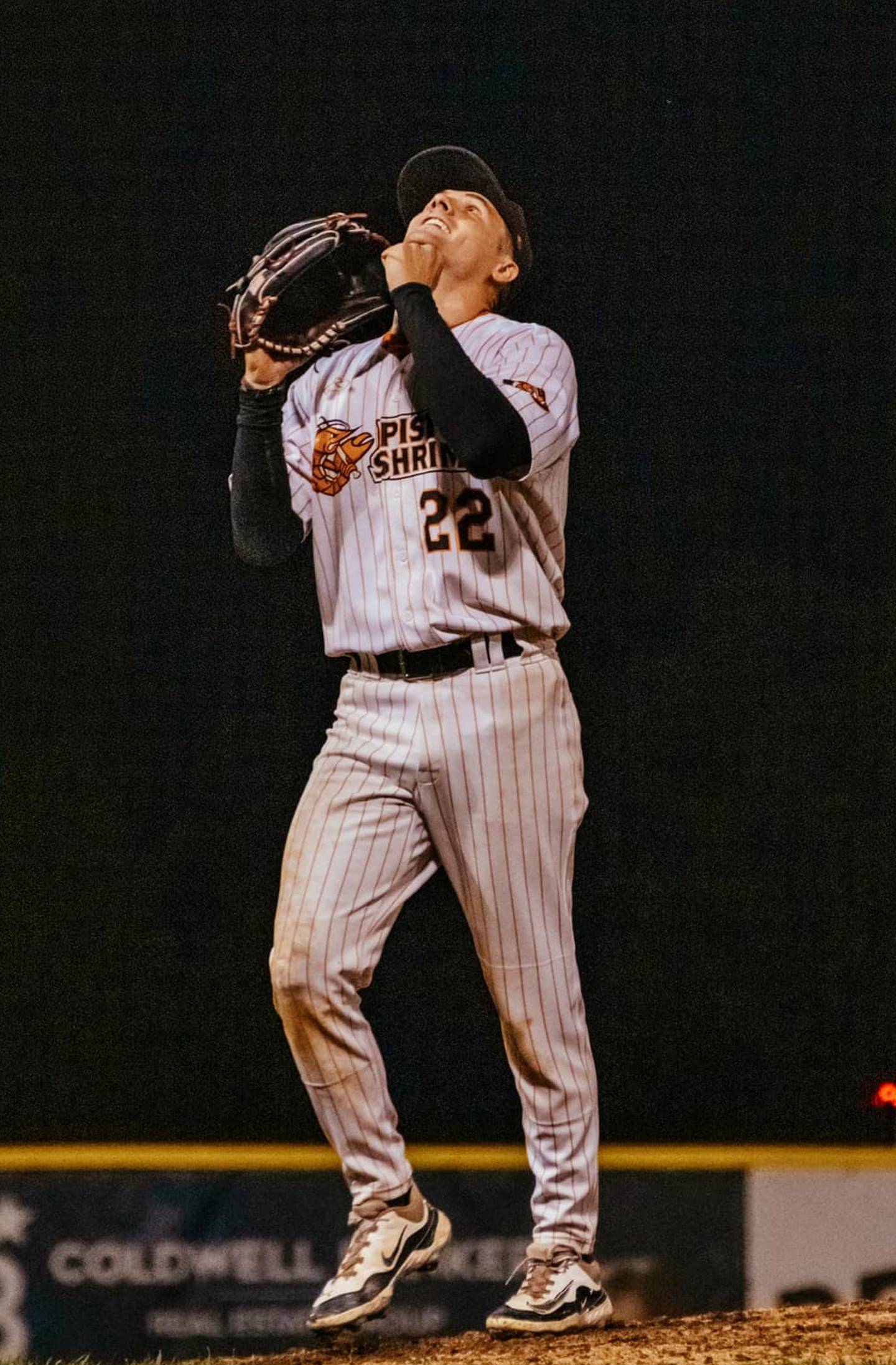 Jared Herzog reacts after striking out the final batter in the Illinois Valley Pistol Shrimp's 3-0 victory over the Clinton LumberKings in the Prospect League Northwest Division title game on Thursday, August 1, 2024 at Schweickert Stadium in Peru.