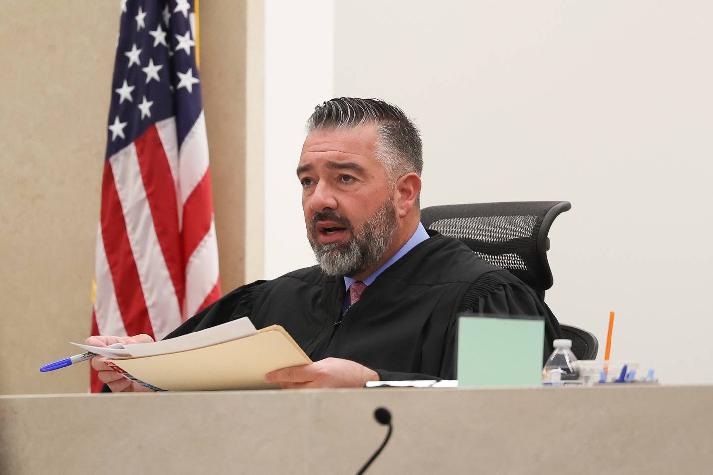 Judge Dave Carlson holds a hearing for Byrion Montgomery, 17, of Bolingbrook, at the Will County Courthouse on Thursday, March 30, 2023 in Joliet. Montgomery is accused of the murders of Cartez Daniels, 40, Samiya Shelton-Tillman, 17, and Sanai Daniels, 9, at a residence in the 100 block of Lee Lane in Bolingbrook, as well as attempted first-degree murder of Tania Stewart.