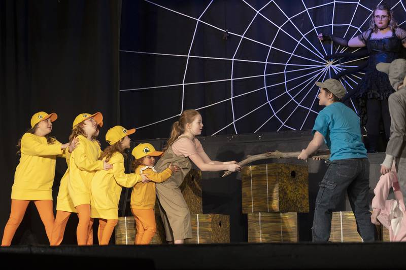 Cast members rehearse a scene Tuesday, Feb. 20, 2024 for PACT’s rendition of Charlotte’s Web.