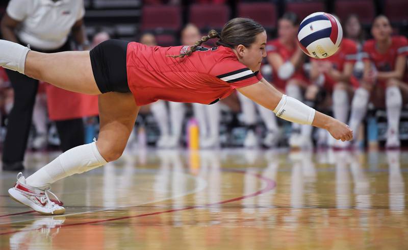 Barrington’s Sarah Jensen dives for a Willowbrook shot in the Class 4A girls volleyball state third-place match at Illinois State University in Normal on Saturday, October 11, 2023.