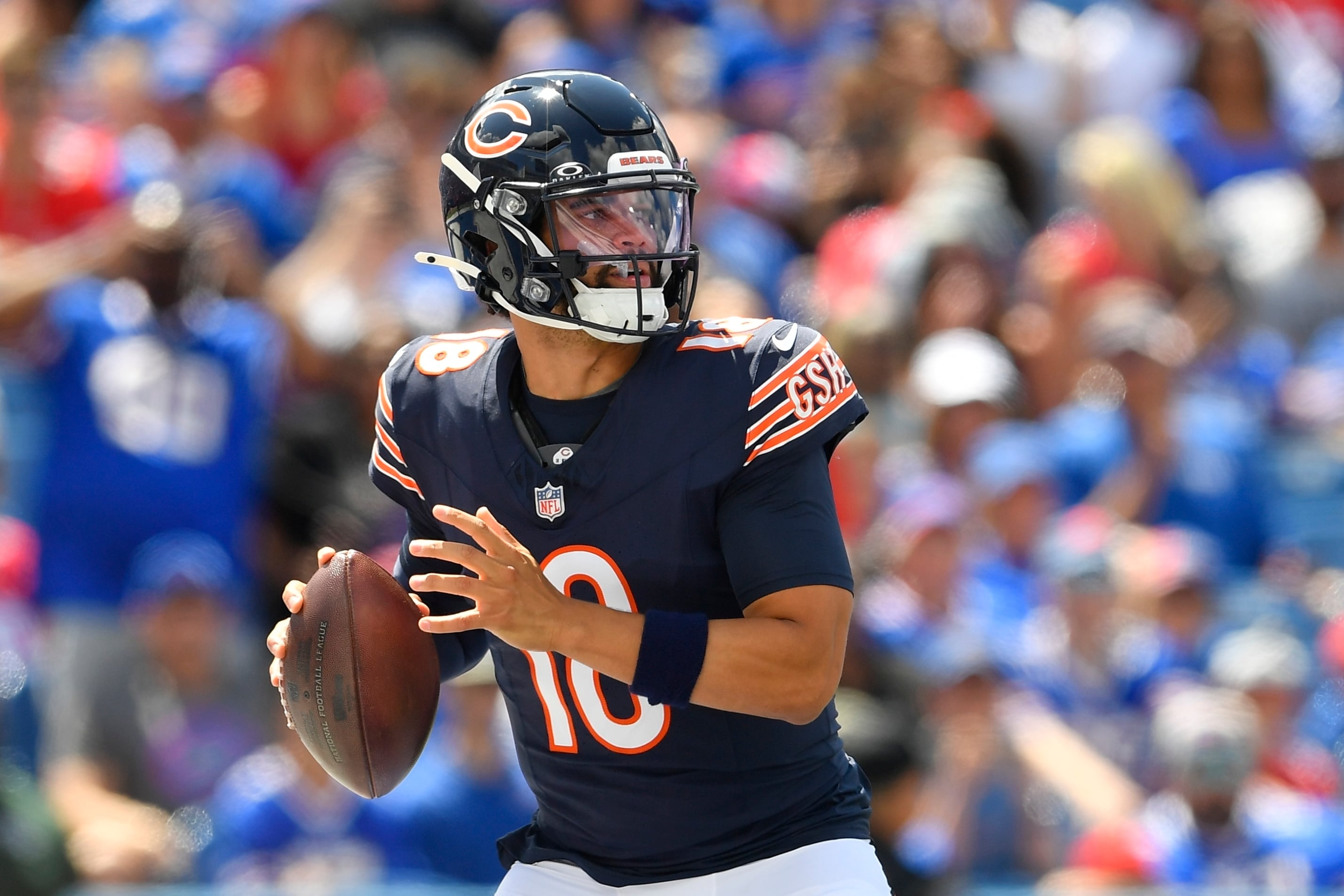 Chicago Bears quarterback Caleb Williams throws during the first half of an preseason NFL football game against the Buffalo Bills, Saturday, Aug. 10, 2024, in Orchard Park, NY. (AP Photo/Adrian Kraus)