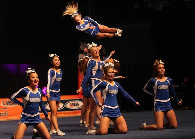 Members of the Burlington Central cheer team perform during the IHSA Cheer State Finals in Grossinger Motors Arena on Saturday, Feb. 4, 2023 in Bloomington.