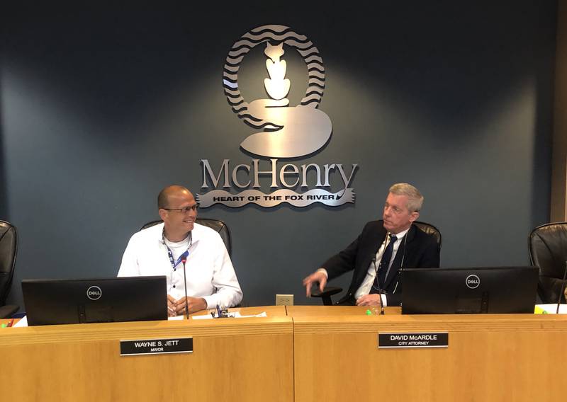 McHenry Mayor Wayne Jett and city attorney David McArdle at McHenry's City Council meeting on Monday, Sept. 16, 2024. McArdle presented information on increasing the council pay schedule.