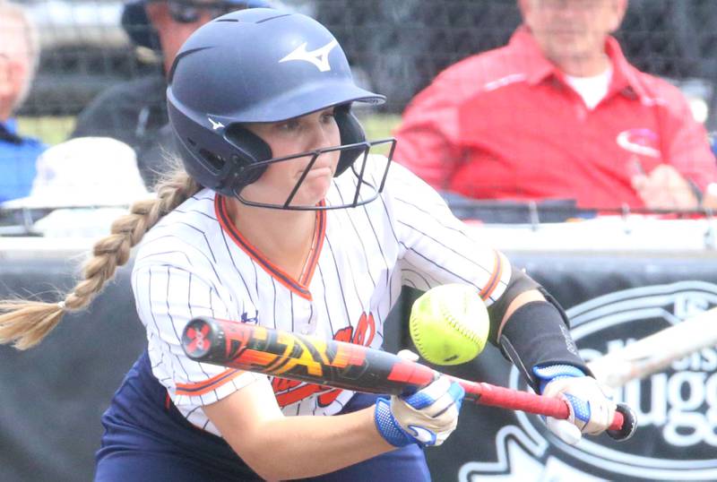 Oswego's Kayla Maruna lays down a bunt during the Class 4A third place game on Saturday, June 8, 2024 at the Louisville Slugger Sports Complex in Peoria.