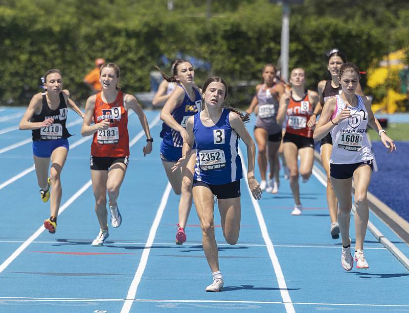 St. Francis’ Erin Hinsdale leads a pack in the 2A 800 run Saturday, May 18, 2024 at the IHSA girls state track meet in Charleston.