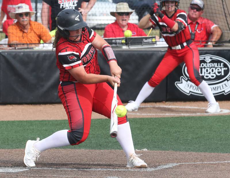 Yorkville's Kayla Kersting gets a single with this hit against Oak Park-River Forest during the Class 4A State semifinal softball game on Friday, June 9, 2023 at the Louisville Slugger Sports Complex in Peoria.