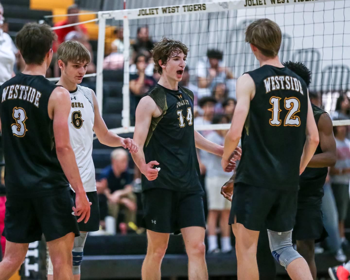Joliet West's Thomas Fellows (14) celebrates a point with teammates during Joliet West Regional Championship match between Bolingbrook at Joliet West.  May 23, 2024.