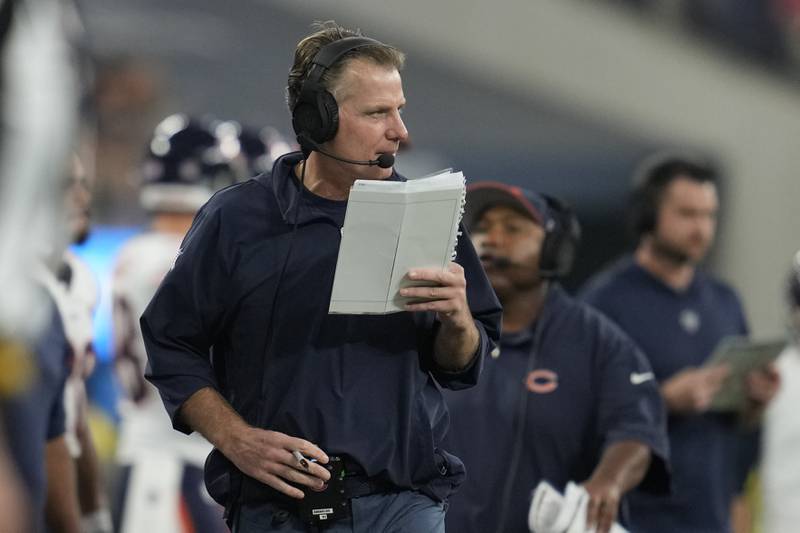 Chicago Bears head coach Matt Eberflus looks on during the first half against the Los Angeles Chargers, Sunday, Oct. 29, 2023, in Inglewood, Calif.