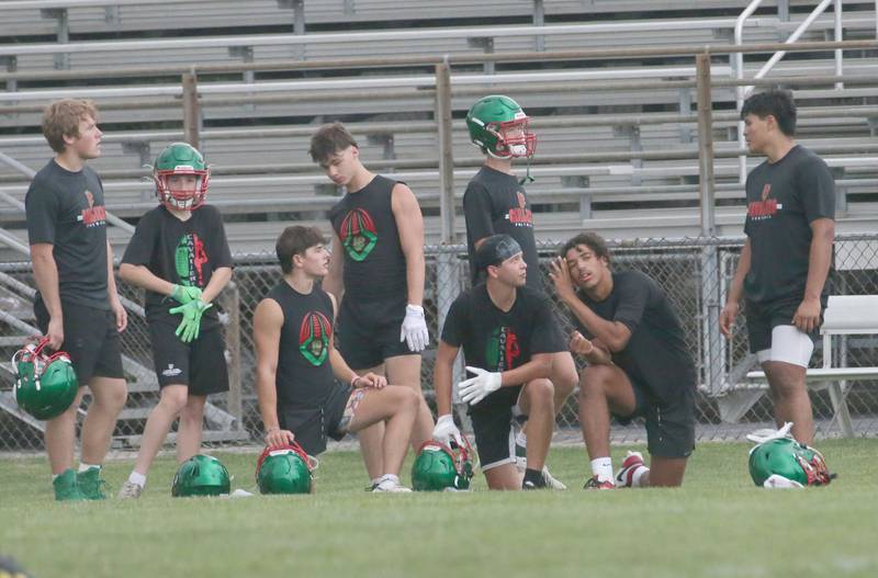 Members of the L-P football team watch the 7-on-7 meet against Seneca on Wednesday, July 10, 2024 at Seneca High School.
