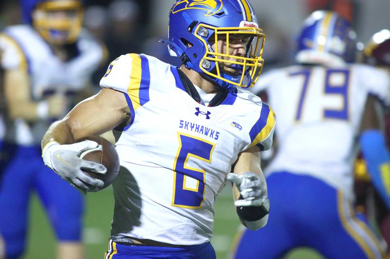 Johnsburg’s Brett Centnarowicz runs the ball in varsity football action on Friday, Sept. 13, 2024, at Richmond-Burton High School in Richmond.