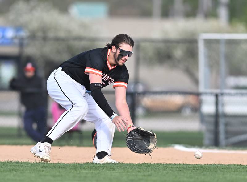 Lincoln-Way West's Jack Linko attempts to field the bal during the non-conference game against Joliet West on Friday, April. 19, 2024, at Joliet.