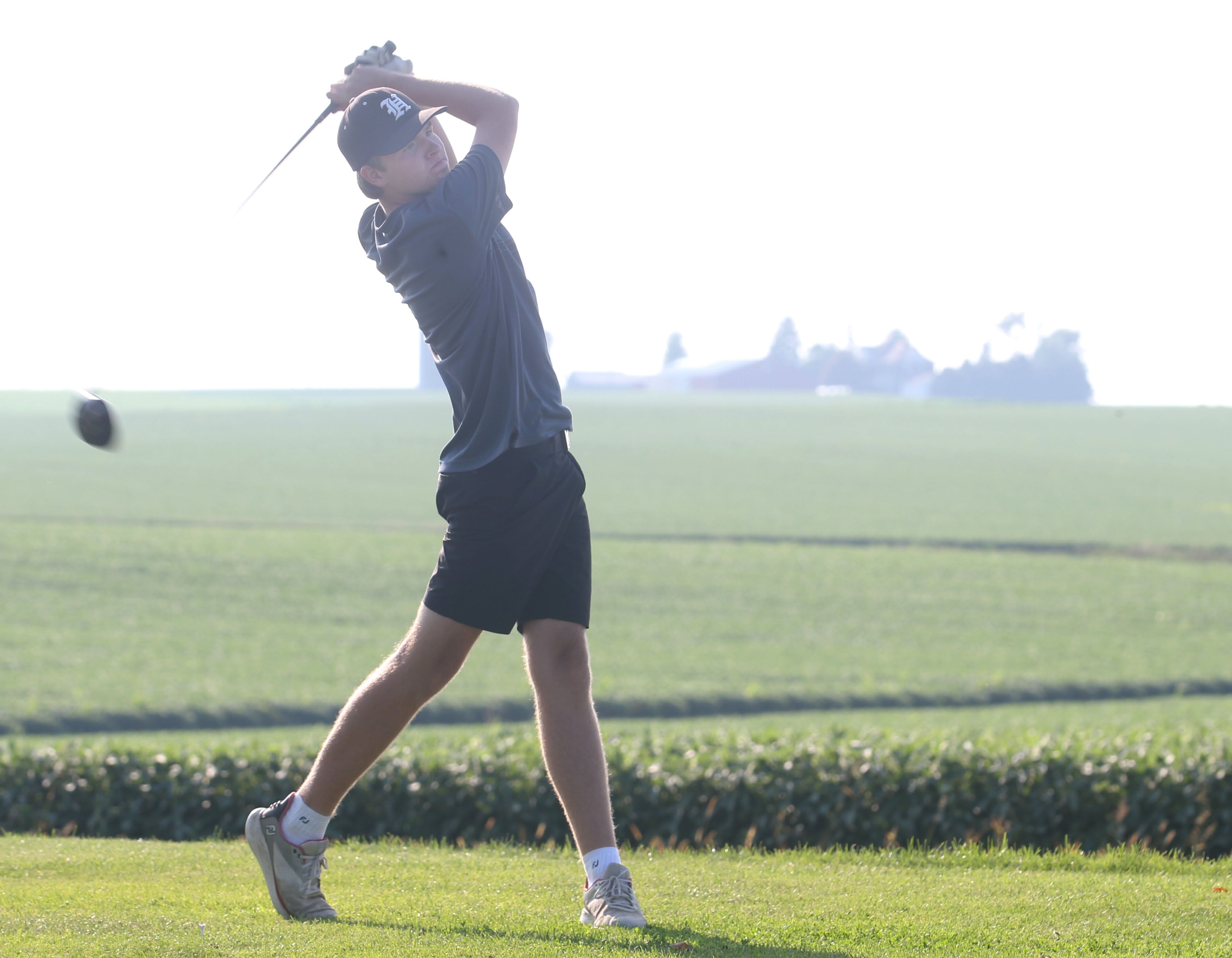 Landen Plym tees off on the 18th hole during the Illinois Valley Men's Golf Championship on Sunday, July 28. 2024 at Mendota Golf Club.