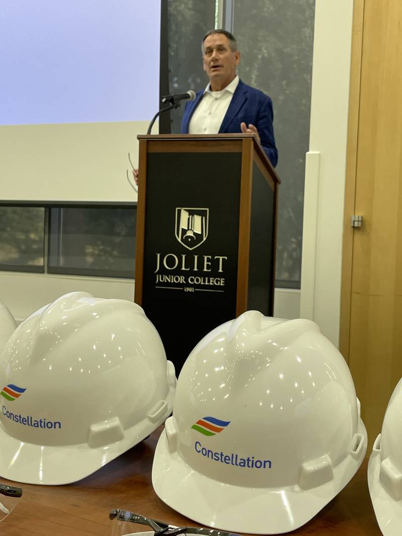 Constellation Nuclear executive vice president Bryan Hanson speaks to students and mentors on Friday, Sept. 6, 2024, during an unveiling presentation of the new High School to Work Program at the Joliet Junior College main campus.