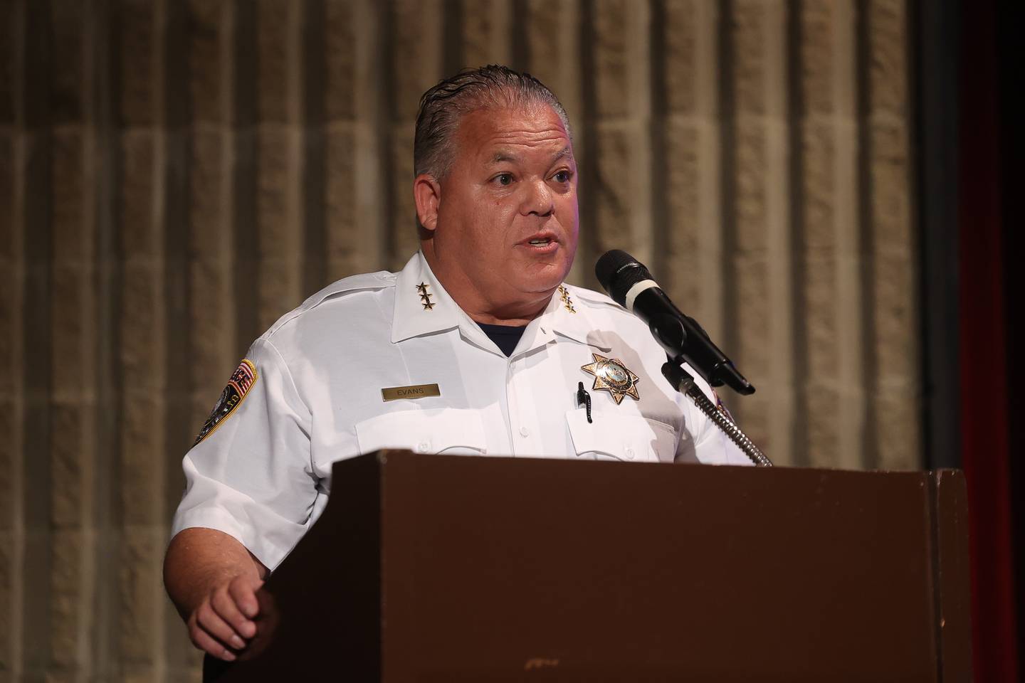 Joliet Police Chief Bill Evans speaks at the Public Safety Open Forum at the Billie Limacher Bicentennial Park Theatre on Wednesday June 26, 2024 in Joliet.