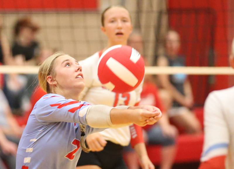 Ottawa libero Kendall Biba returns a serve against Streator on Thursday, Aug. 29, 2024 in Kingman Gym at Ottawa High School.