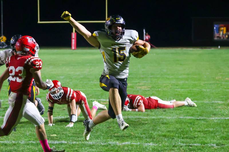 Tyler Hasenour of Riverdale celebrates touchdown on Friday, October 18, 2024 at Richard Nesti Stadium in Spring Valley.