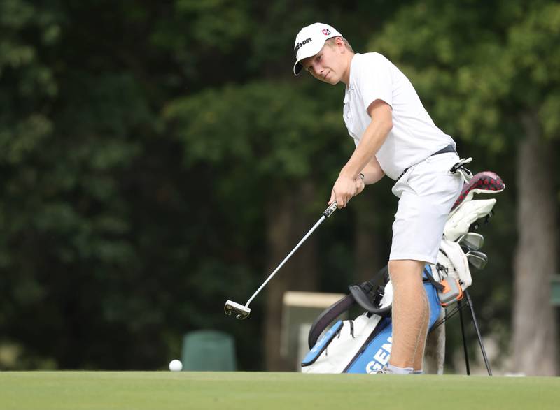 Geneva’s Brandon Burggraf putts on the third green Monday, Sept. 16, 2024, during the Mark Rolfing Cup at the Kishwaukee Country Club in DeKalb.