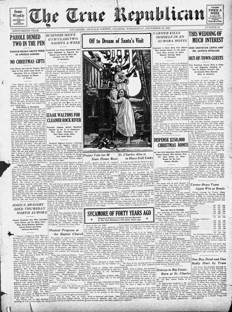 The Sycamore-based True Republican newspaper's front page on Dec. 24, 1923.