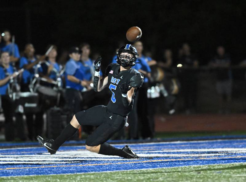 Lincoln-Way East's Connor Brewer hauls in a catch for a touchdown during a non-conference game against Maine South on Friday, Aug. 30, 2024, at Frankfort. (Dean Reid for Shaw Local News Network)