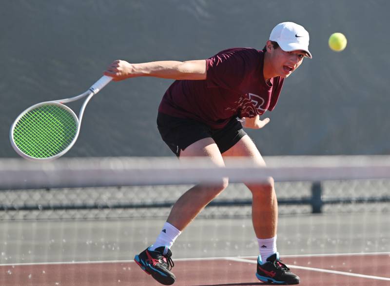 Cole Palese of Prairie Ridge plays the ball at the net during Class 1A doubles consolation semifinal of the boys state tennis tournament at Palatine High School on Saturday, May 25, 2024 in Palatine.