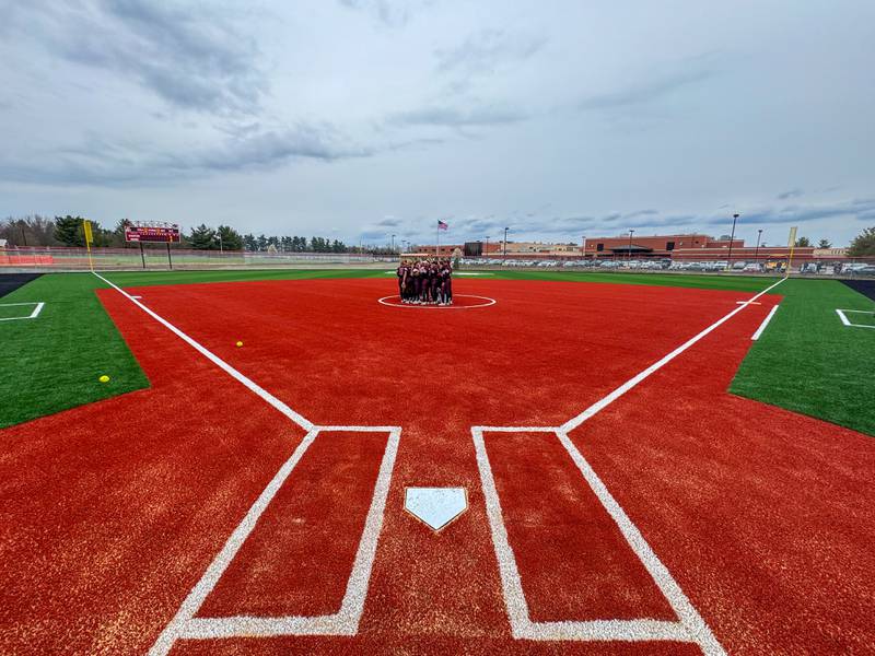 Yorkville takes the field for the first time in their new turf field during a softball game against Minooka at Yorkville High School on Thursday, April 11, 2024.