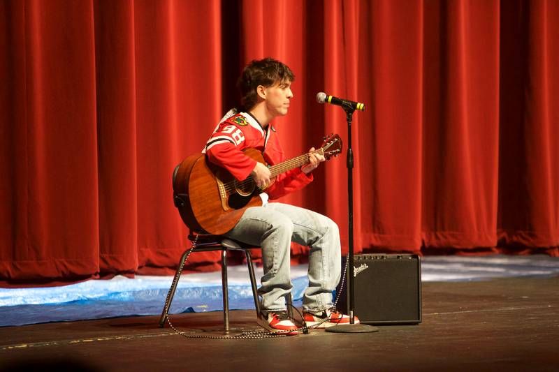 Mr. Kaneland contestant Kyle Hesselfeldt performs during Mr. Kaneland contest on Friday, March 15, 2024 at Kaneland High School in Maple Park.