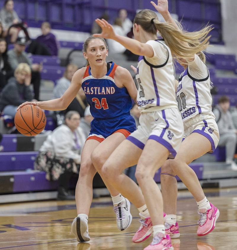 Eastland’s Trixie Carroll brings the ball up court against Dixon Wednesday, Jan. 24, 2024 at Dixon High School.