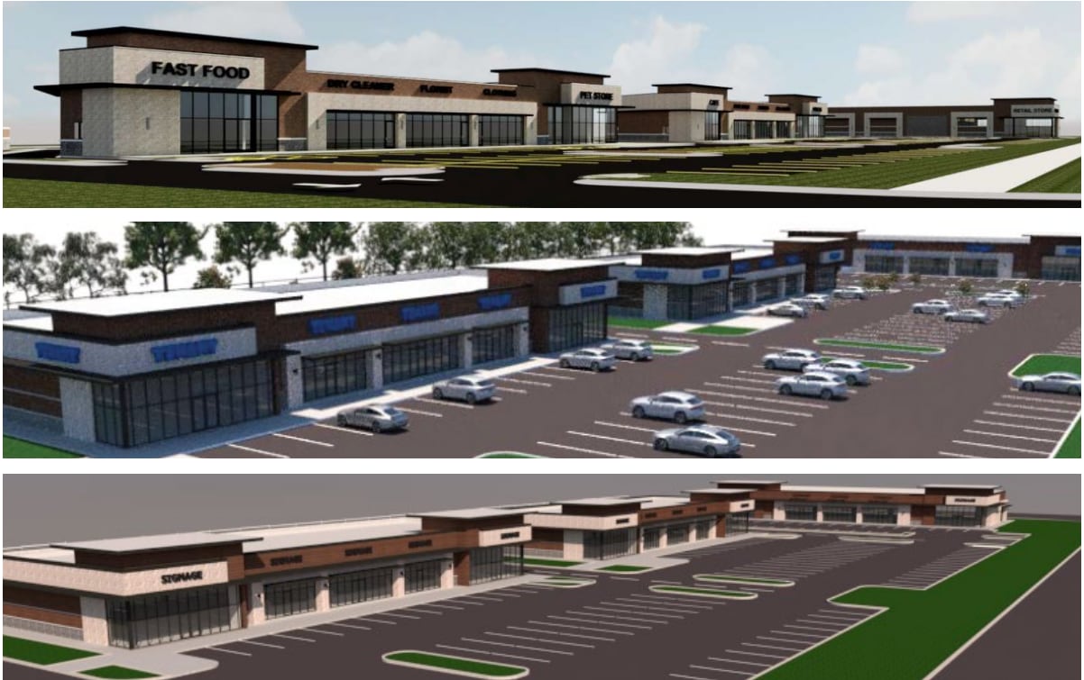 Renderings of a strip mall coming to the intersection of Main Street and Charles H. Sass Parkway.